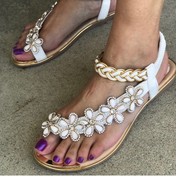 Restock! Atalina Toe Ring White Floral Rhinestone Embellished Woven Gold Sandal - Picture 6 of 8